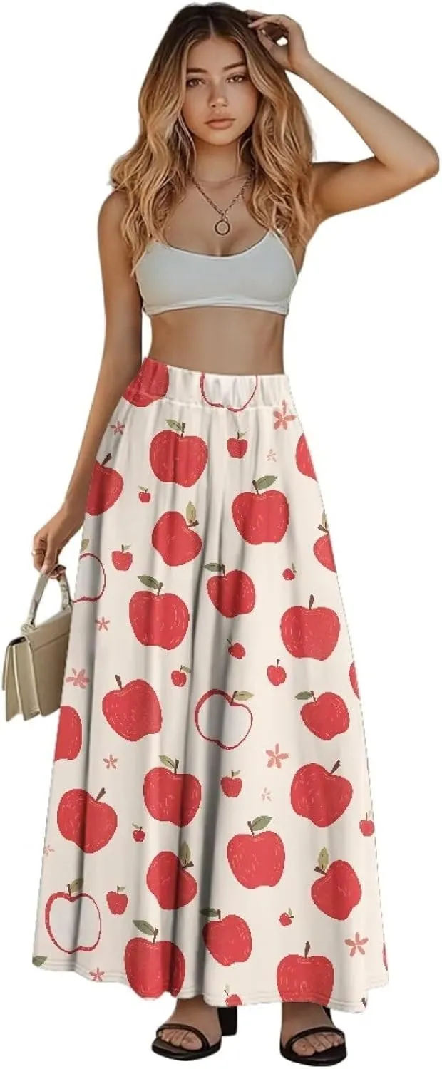 Long Skirts for Women with 2 Side Pockets A-Line Maxi Length Skirt Elastic Waistband S to 2XL Floral Printed Summer