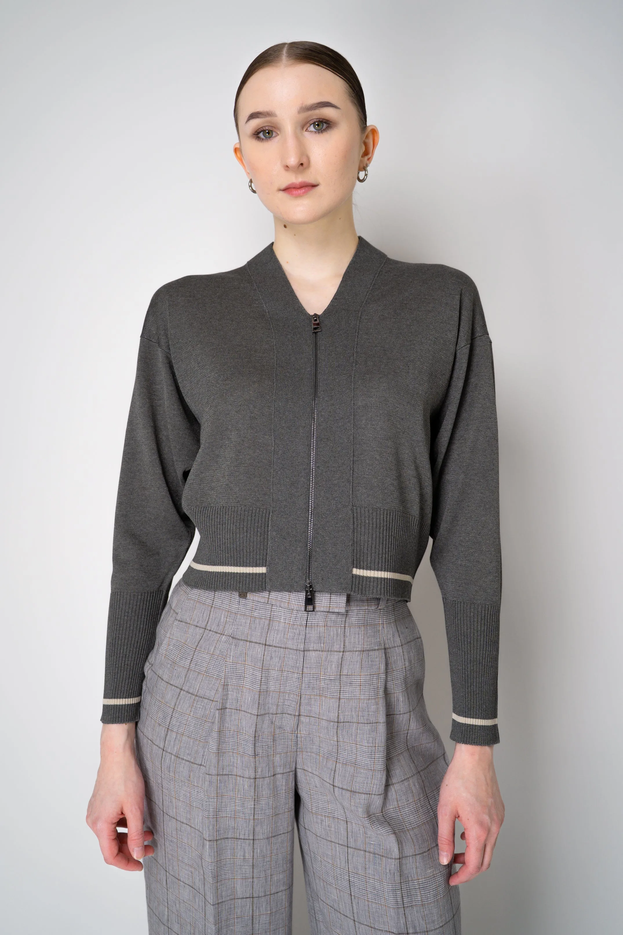 Lorena Antoniazzi Viscose Blend Cropped Track Jacket in Grey