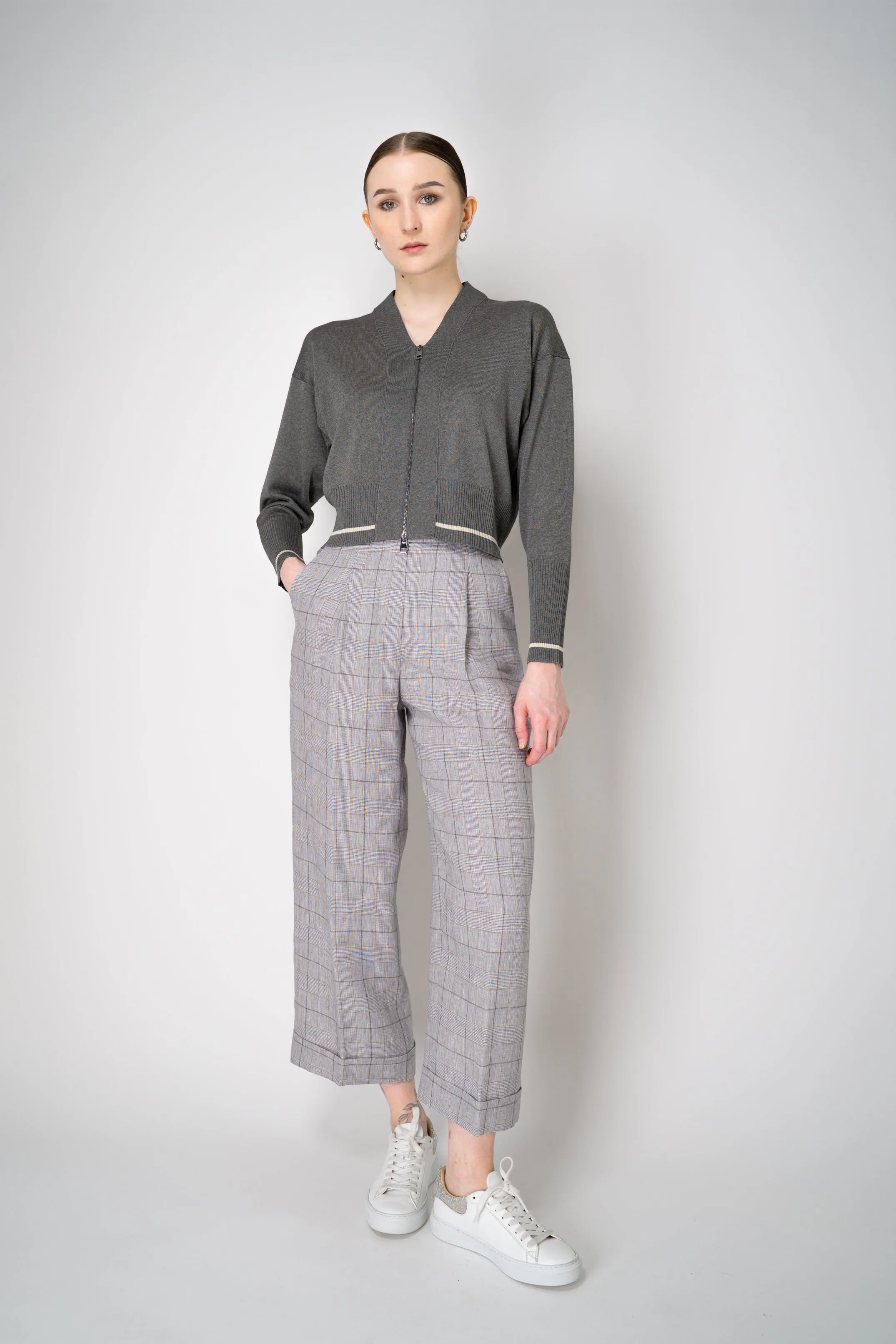 Lorena Antoniazzi Viscose Blend Cropped Track Jacket in Grey
