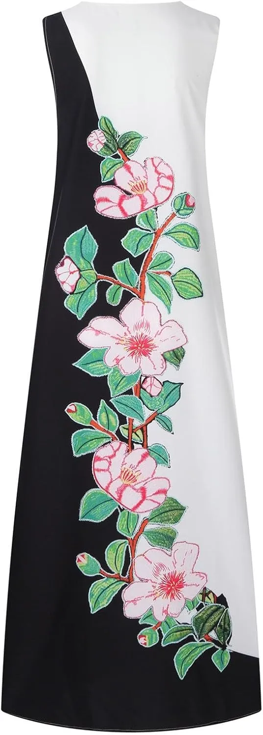 Maxi Dresses for Women 2025 Plus Size,Flowers Sleeveless Summer Floral Long Dress Casual Boho Vacation Beach Dress