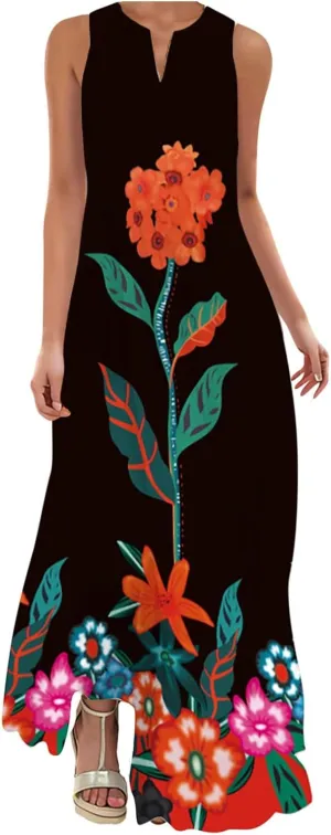 Maxi Dresses for Women 2025 Plus Size,Flowers Sleeveless Summer Floral Long Dress Casual Boho Vacation Beach Dress