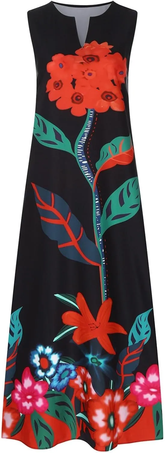 Maxi Dresses for Women 2025 Plus Size,Flowers Sleeveless Summer Floral Long Dress Casual Boho Vacation Beach Dress