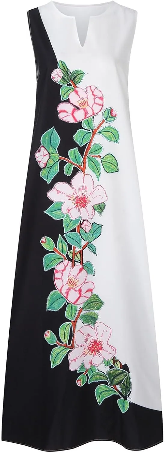 Maxi Dresses for Women 2025 Plus Size,Flowers Sleeveless Summer Floral Long Dress Casual Boho Vacation Beach Dress