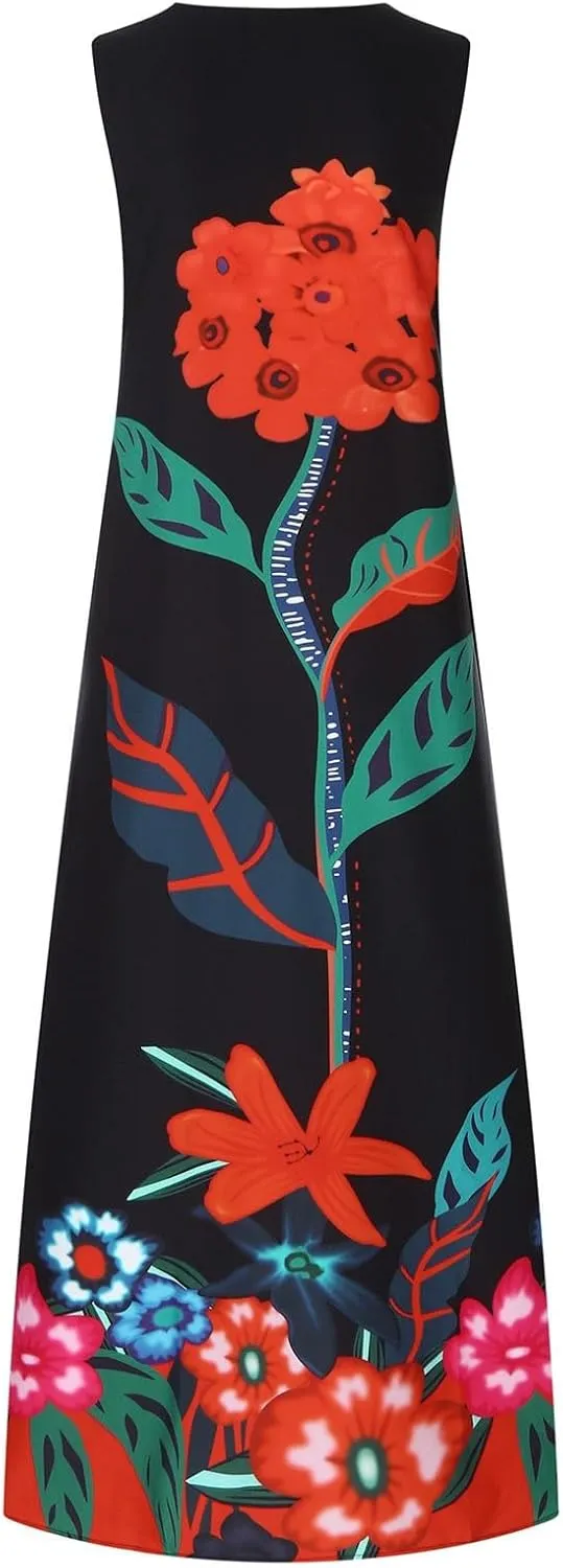 Maxi Dresses for Women 2025 Plus Size,Flowers Sleeveless Summer Floral Long Dress Casual Boho Vacation Beach Dress
