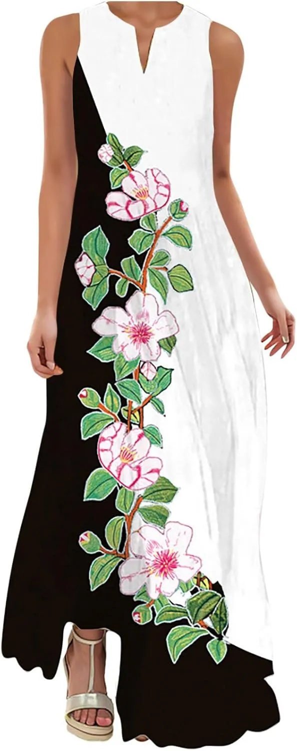 Maxi Dresses for Women 2025 Plus Size,Flowers Sleeveless Summer Floral Long Dress Casual Boho Vacation Beach Dress
