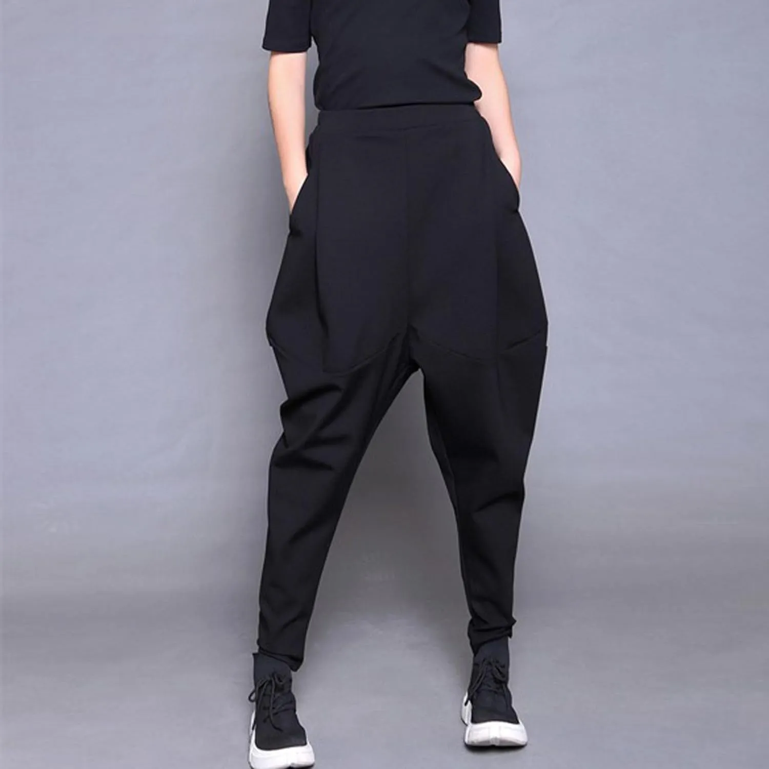 MEINVQIAOTI Hip hop Dark Goth Pants for Women Drawstring high Waisted Baggy Solid Black Womens Harem Pants