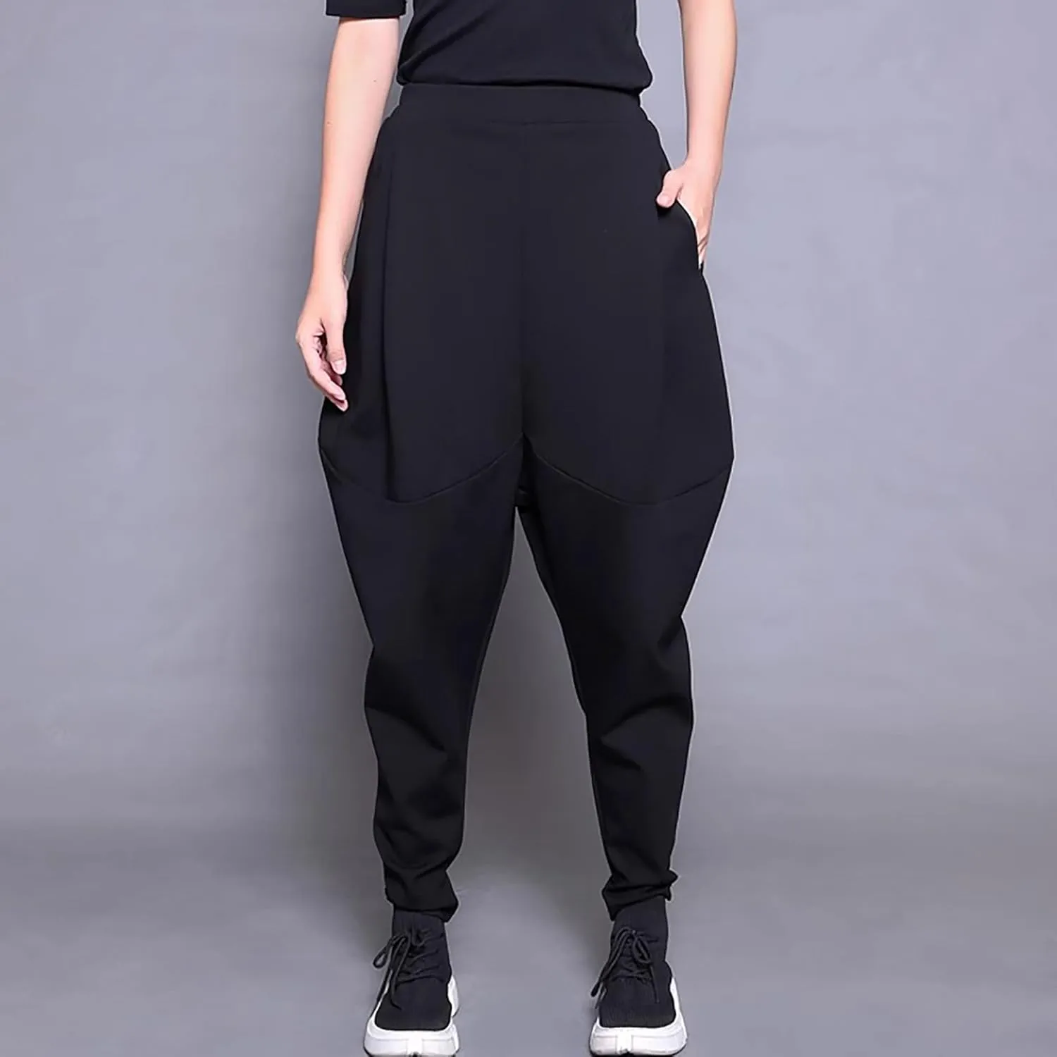 MEINVQIAOTI Hip hop Dark Goth Pants for Women Drawstring high Waisted Baggy Solid Black Womens Harem Pants