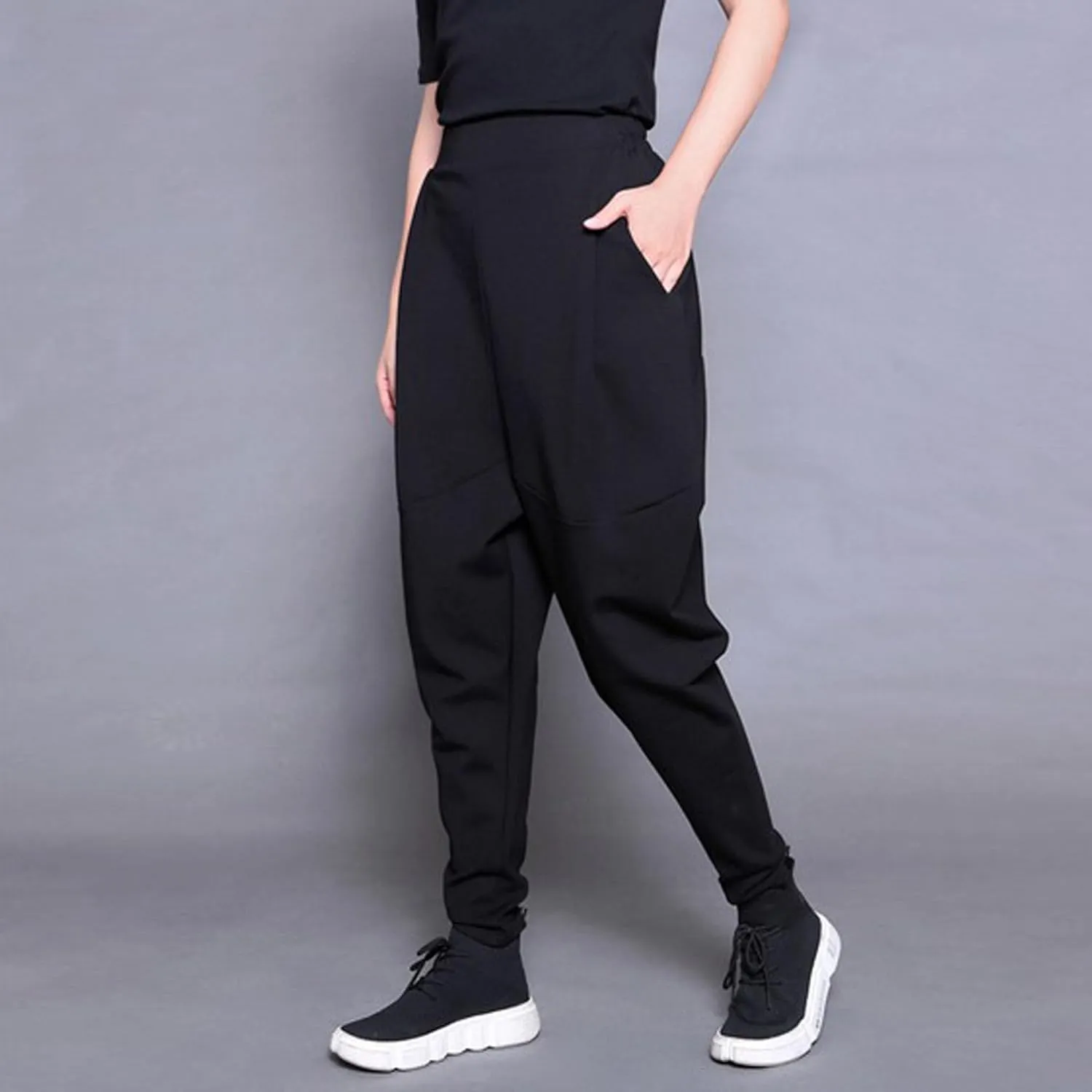 MEINVQIAOTI Hip hop Dark Goth Pants for Women Drawstring high Waisted Baggy Solid Black Womens Harem Pants