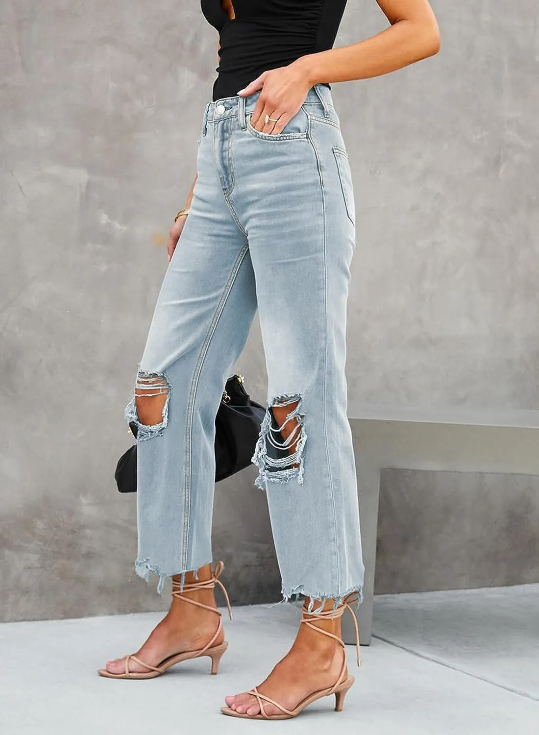 Melliflo Ripped Flare Jeans for Women High Waist Baggy Wide Leg Denim Pants Casual Distressed Trousers with Pockets