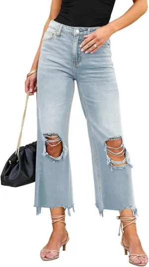 Melliflo Ripped Flare Jeans for Women High Waist Baggy Wide Leg Denim Pants Casual Distressed Trousers with Pockets