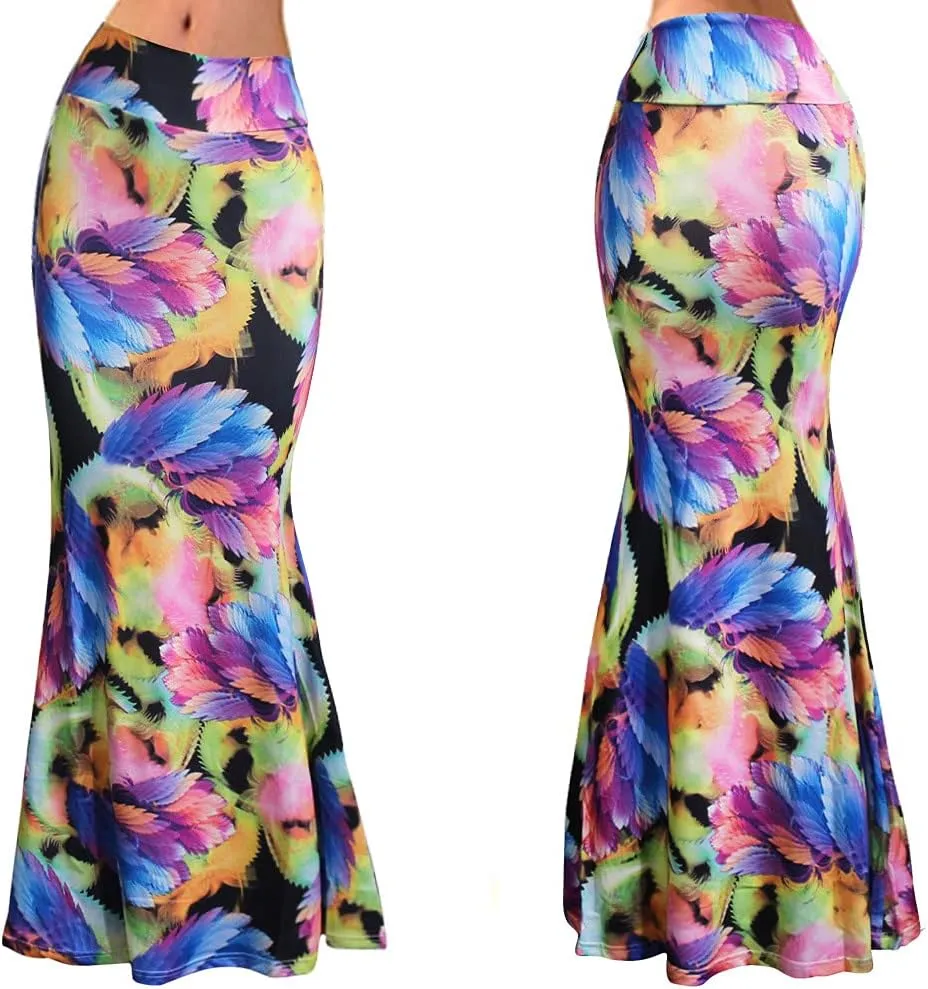 Melliflo Womens High Waist Flare Long Skirt Fashion Multicolored Print Maxi Long Skirt