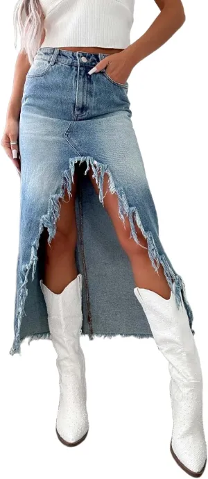 Melliflo Women's High Waisted Ripped Trim Denim Skirts Frayed Raw Asymmetrical Midi Jean Skirt Vintage Slit Outfits