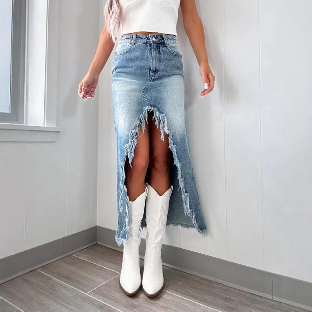 Melliflo Women's High Waisted Ripped Trim Denim Skirts Frayed Raw Asymmetrical Midi Jean Skirt Vintage Slit Outfits