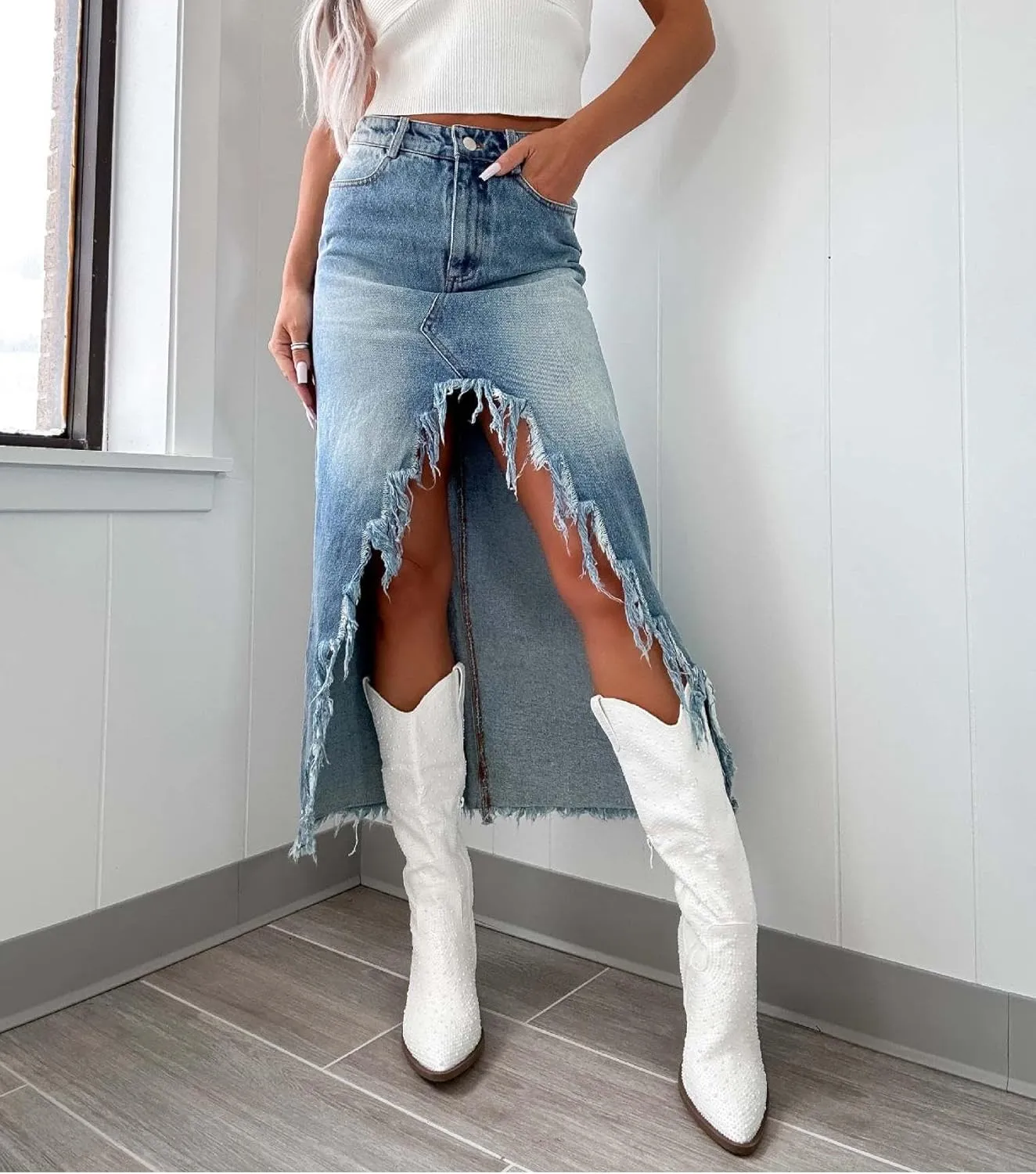 Melliflo Women's High Waisted Ripped Trim Denim Skirts Frayed Raw Asymmetrical Midi Jean Skirt Vintage Slit Outfits