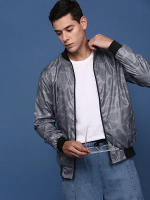 Men Grey Camouflage Checked Windcheater Bomber Jacket