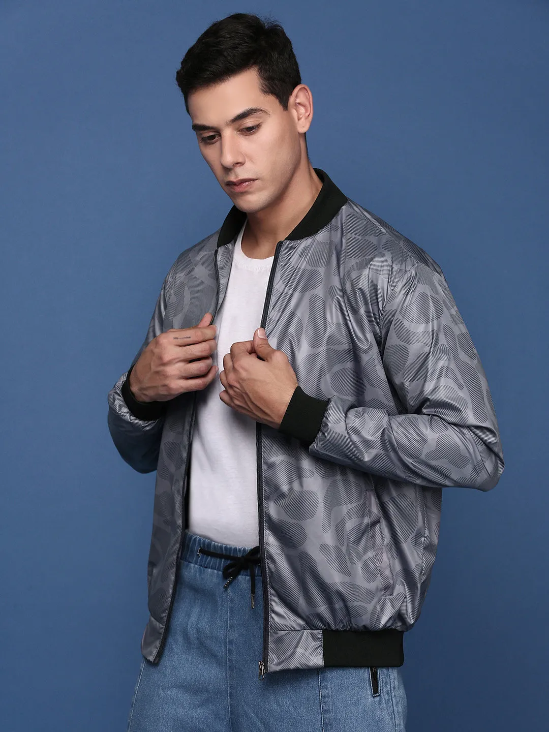 Men Grey Camouflage Checked Windcheater Bomber Jacket