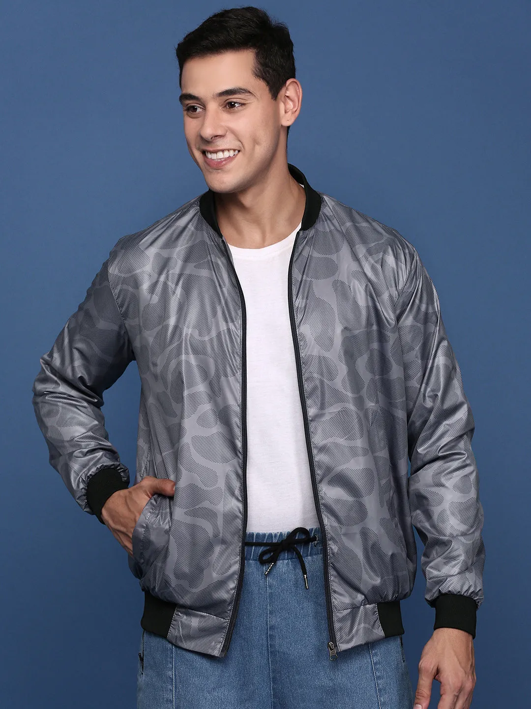 Men Grey Camouflage Checked Windcheater Bomber Jacket