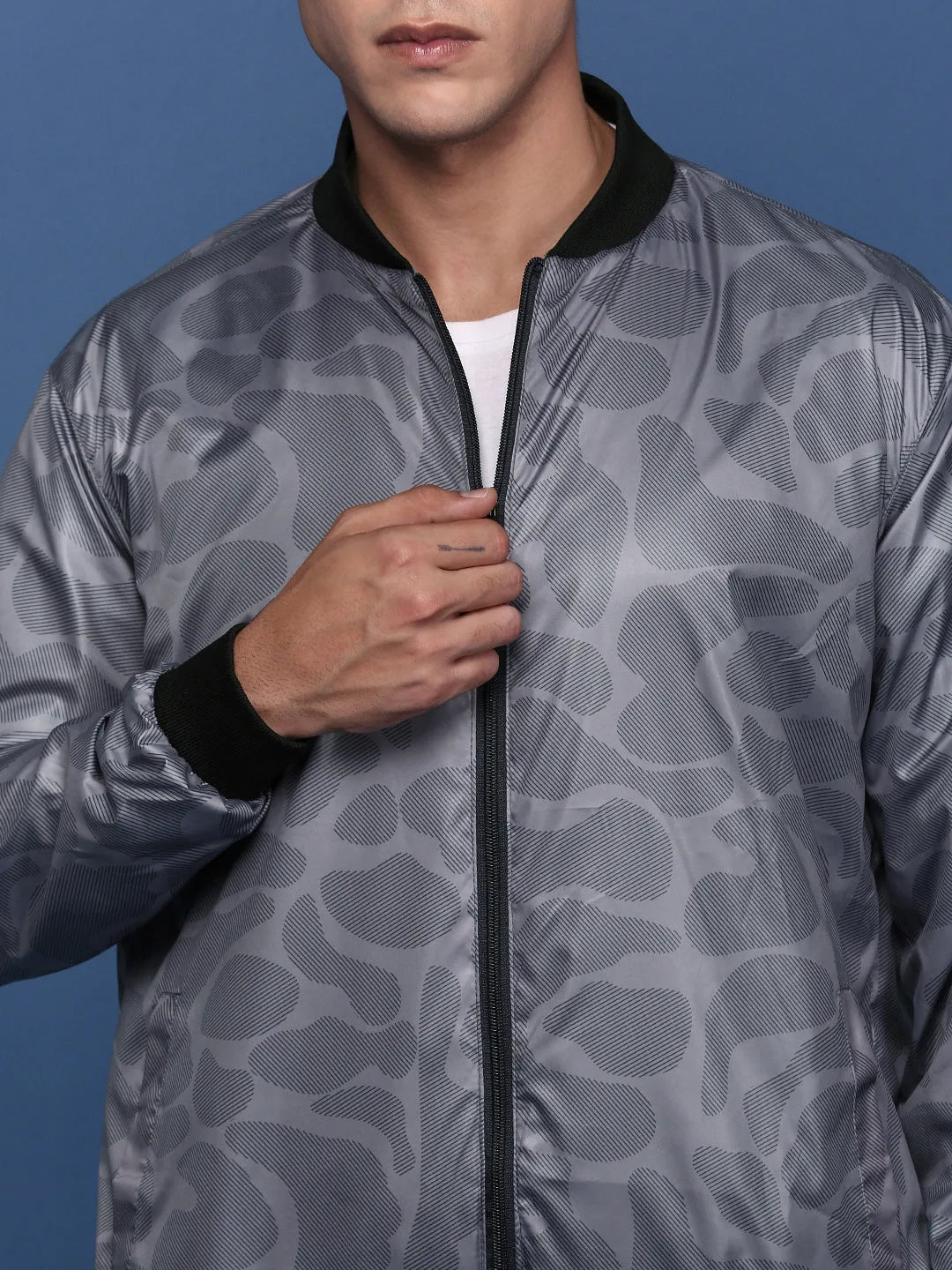 Men Grey Camouflage Checked Windcheater Bomber Jacket