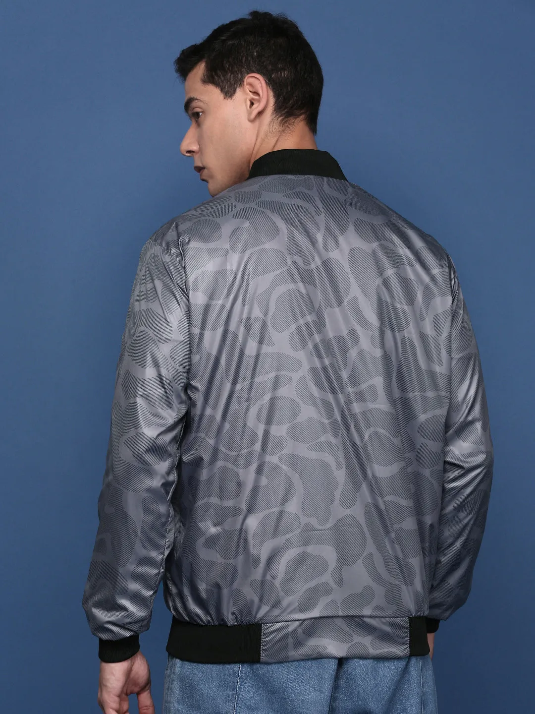Men Grey Camouflage Checked Windcheater Bomber Jacket