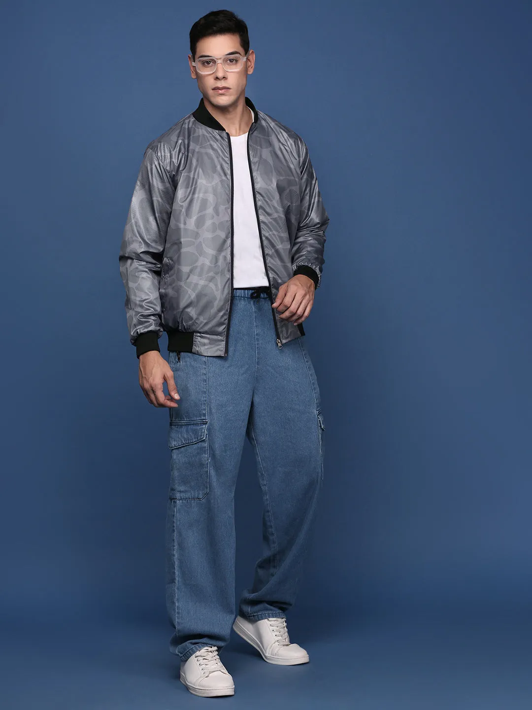 Men Grey Camouflage Checked Windcheater Bomber Jacket