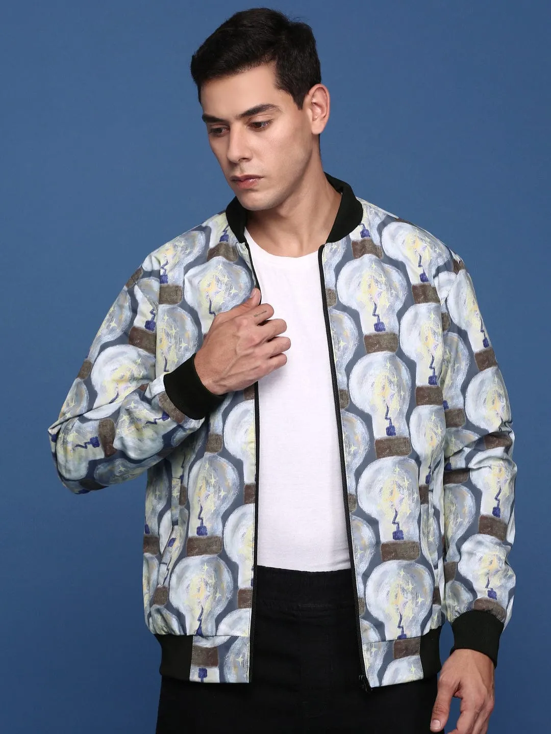Men Grey Windcheater Bomber with Patchwork Jacket