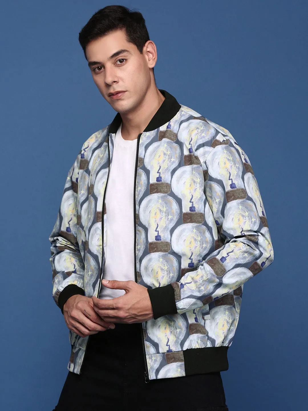 Men Grey Windcheater Bomber with Patchwork Jacket