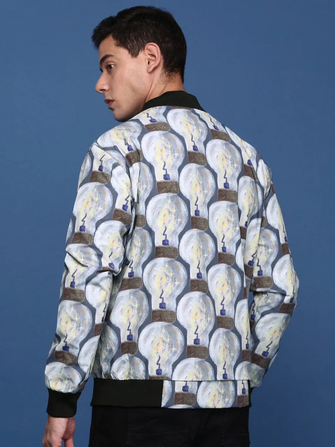 Men Grey Windcheater Bomber with Patchwork Jacket