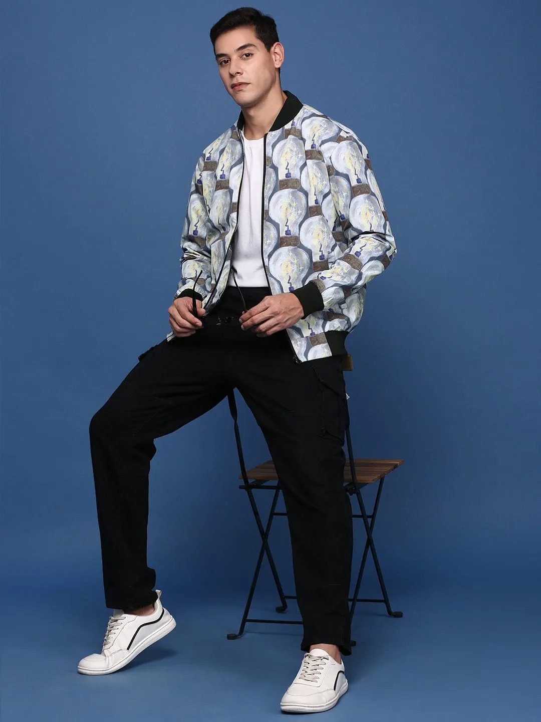 Men Grey Windcheater Bomber with Patchwork Jacket