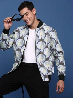 Men Grey Windcheater Bomber with Patchwork Jacket