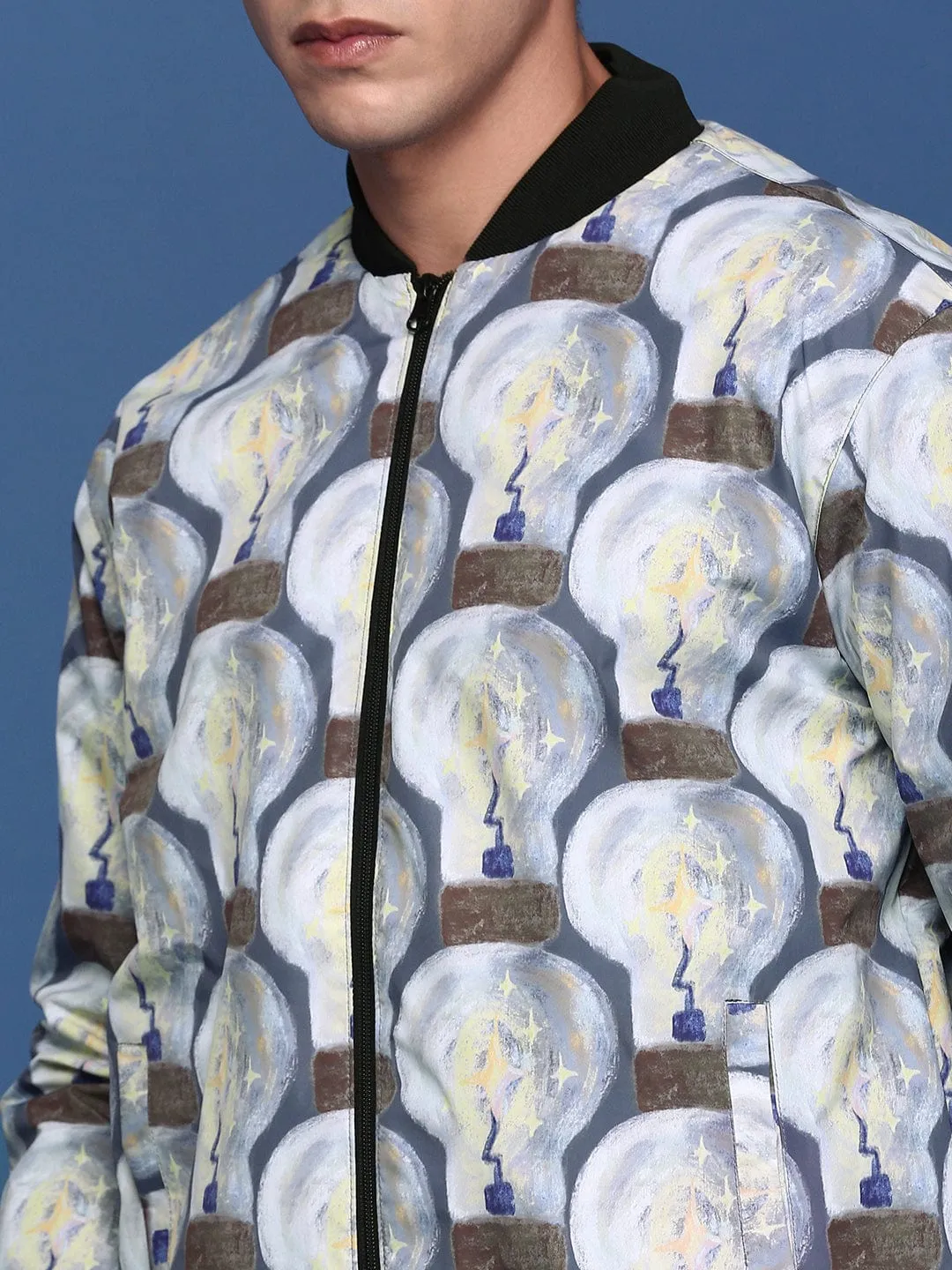 Men Grey Windcheater Bomber with Patchwork Jacket