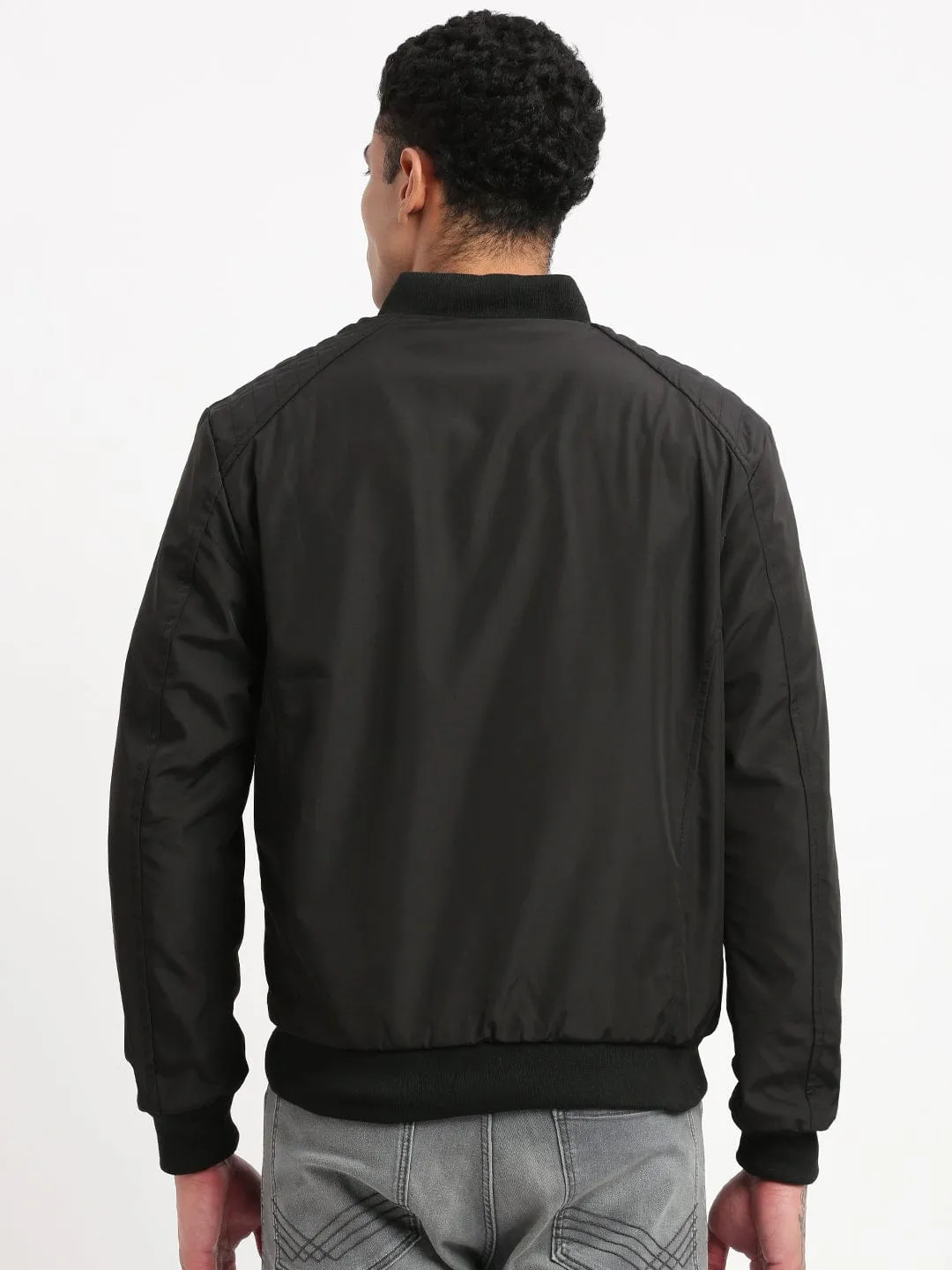 Men Mandarin Collar Black Solid Reversible Bomber Jacket