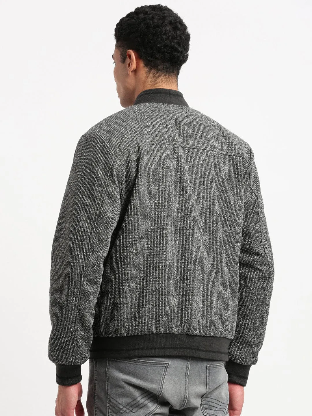 Men Mandarin Collar Black Solid Reversible Bomber Jacket
