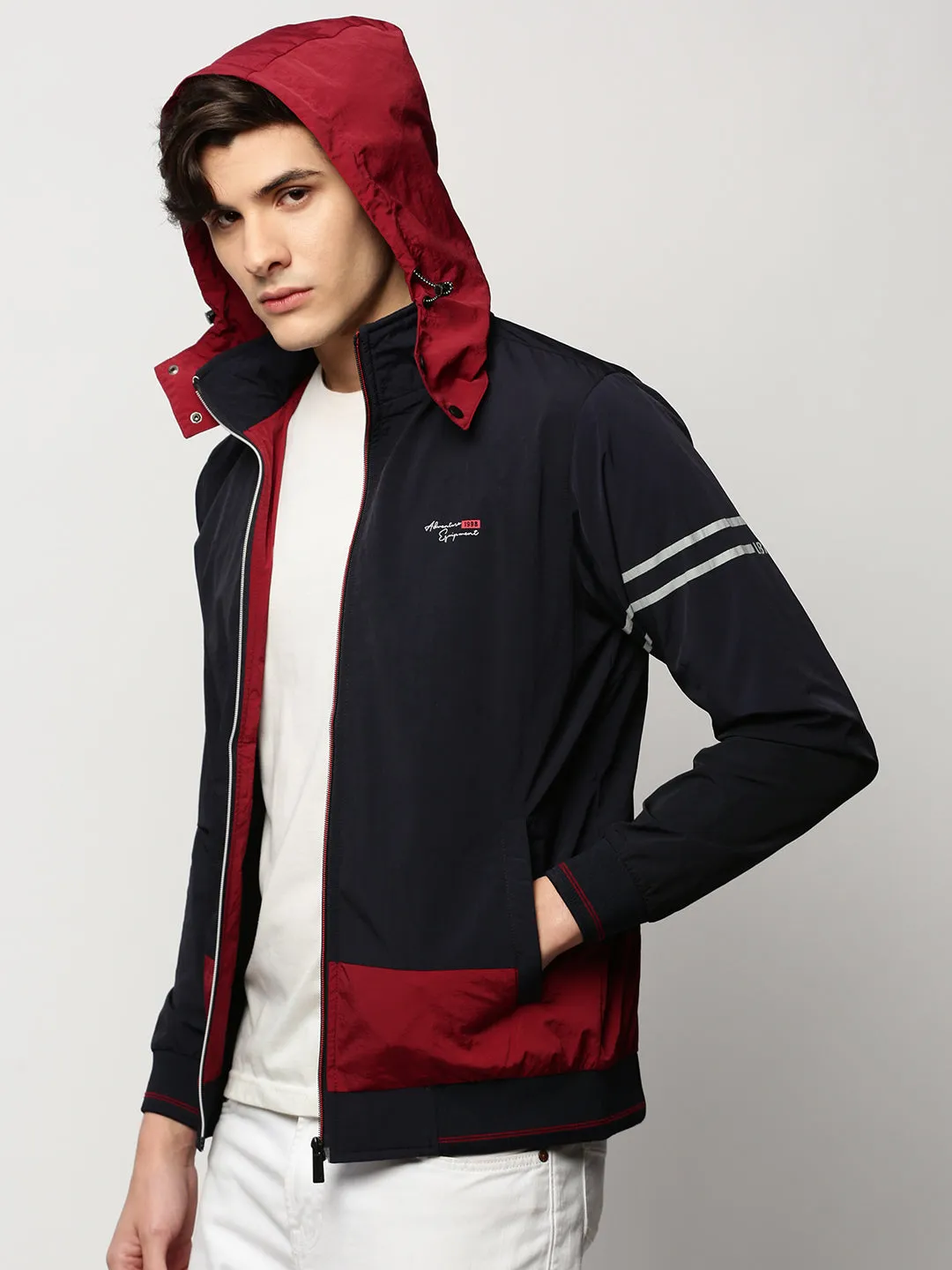 Men Navy Blue Colour blocked Bomber Jacket