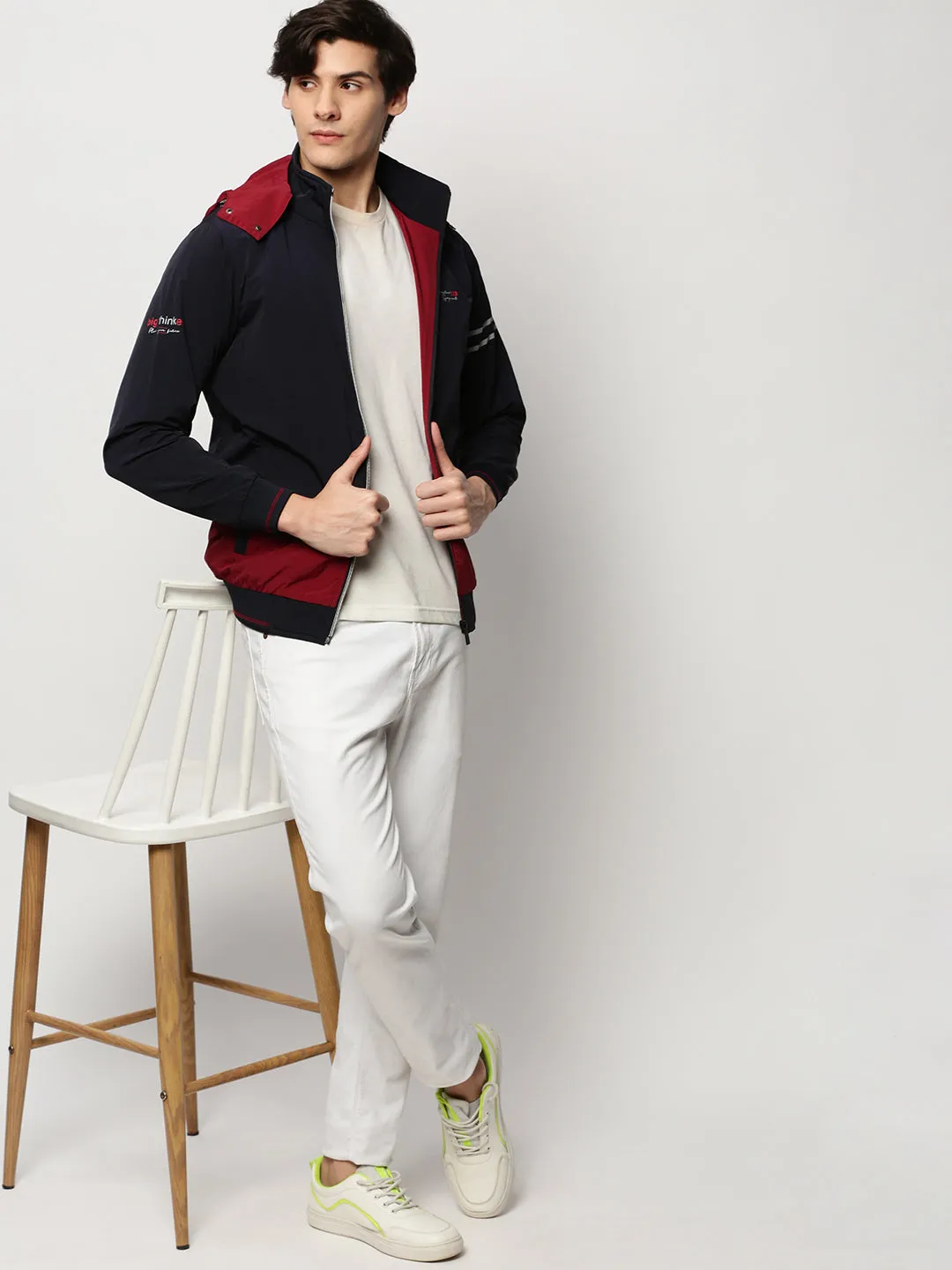 Men Navy Blue Colour blocked Bomber Jacket