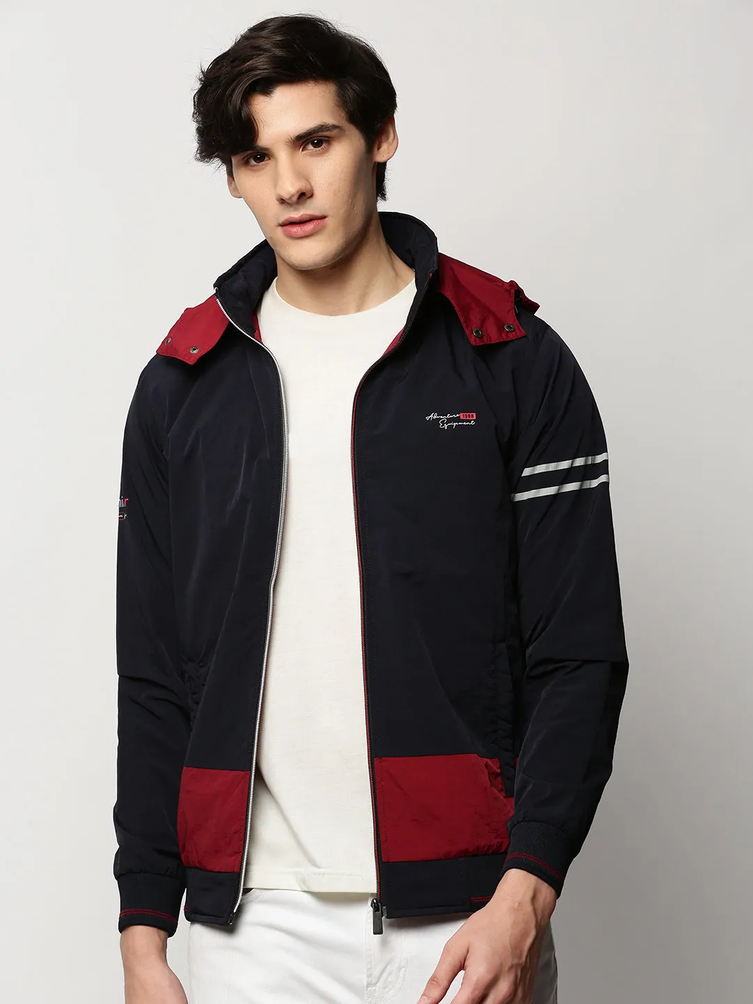 Men Navy Blue Colour blocked Bomber Jacket