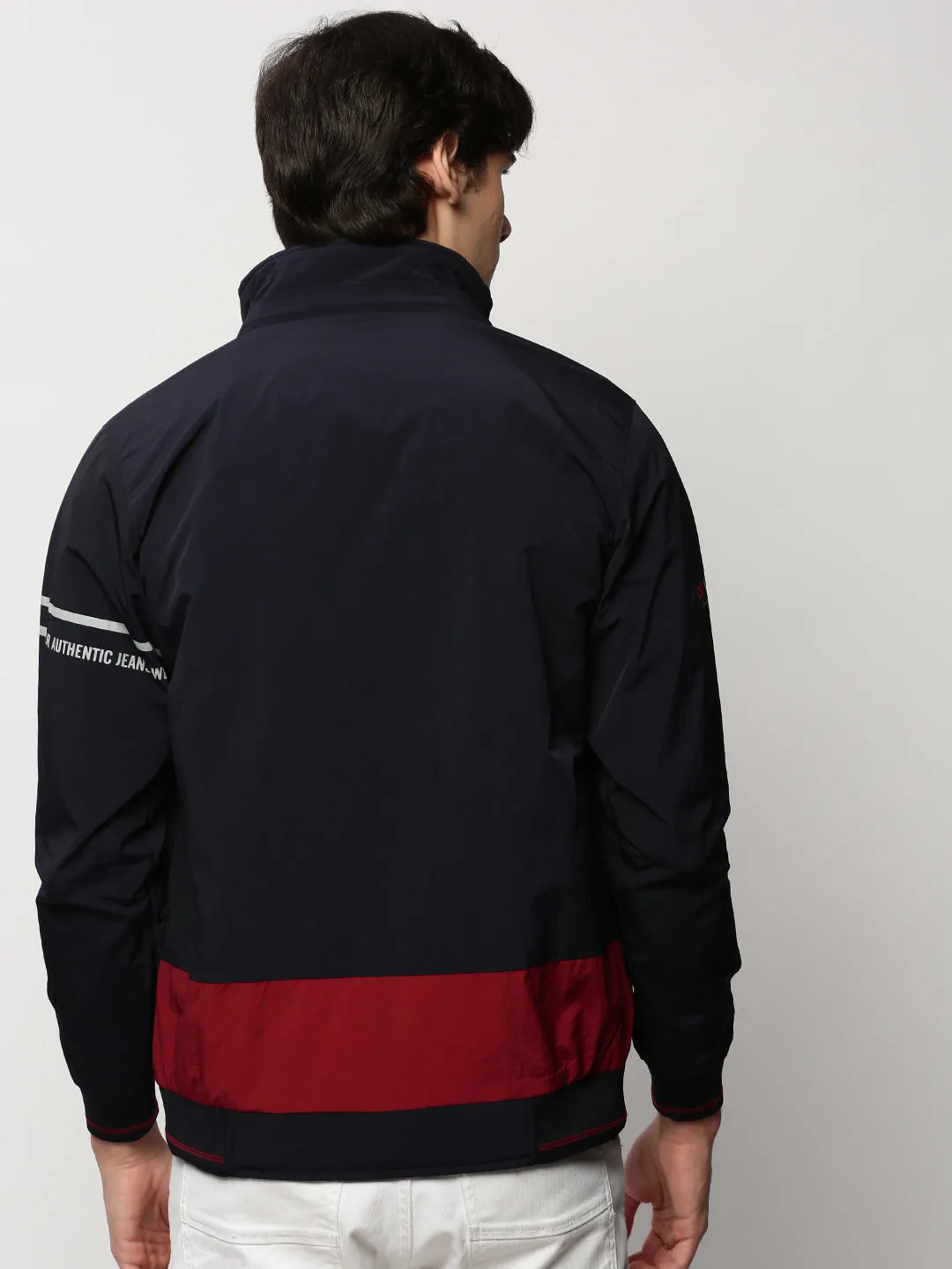 Men Navy Blue Colour blocked Bomber Jacket