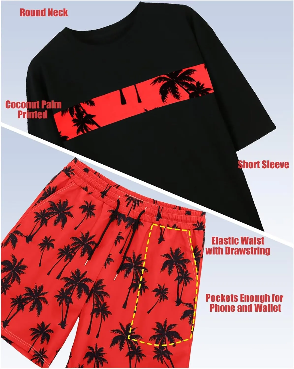 Mens 2 Piece Outfits Graphic Printed Matching Shirt and Shorts Set with Pocket Drawstring