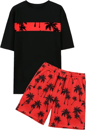 Mens 2 Piece Outfits Graphic Printed Matching Shirt and Shorts Set with Pocket Drawstring
