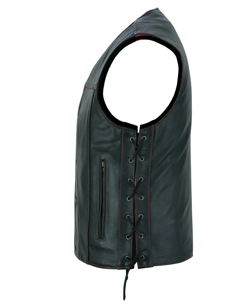 Men's Black Leather Honor Ride Vest with Red Stitching