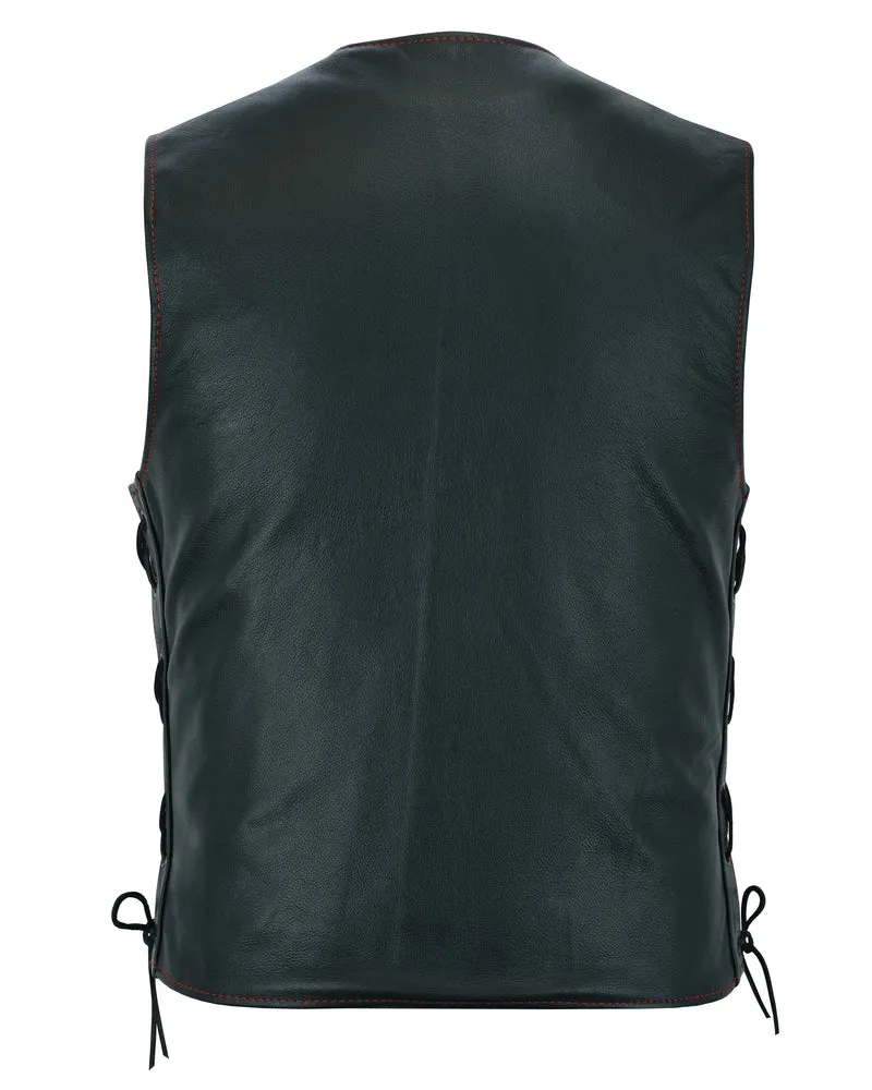 Men's Black Leather Honor Ride Vest with Red Stitching