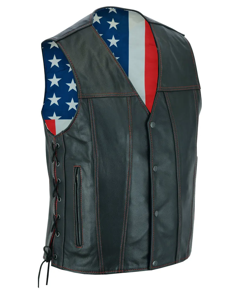 Men's Black Leather Honor Ride Vest with Red Stitching
