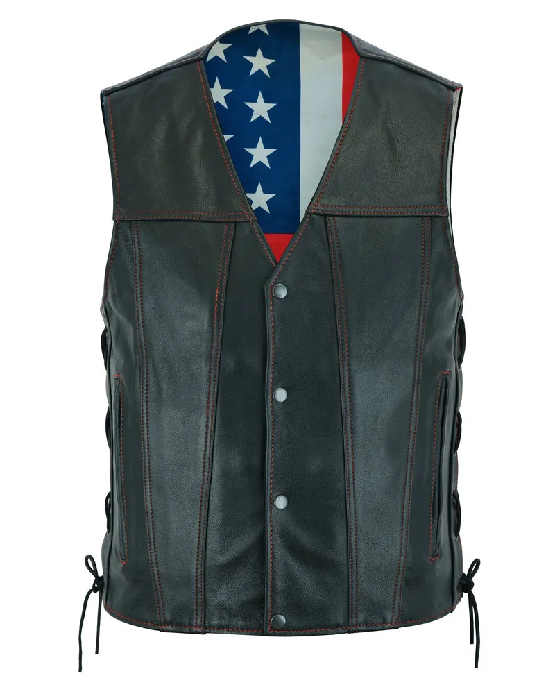 Men's Black Leather Honor Ride Vest with Red Stitching