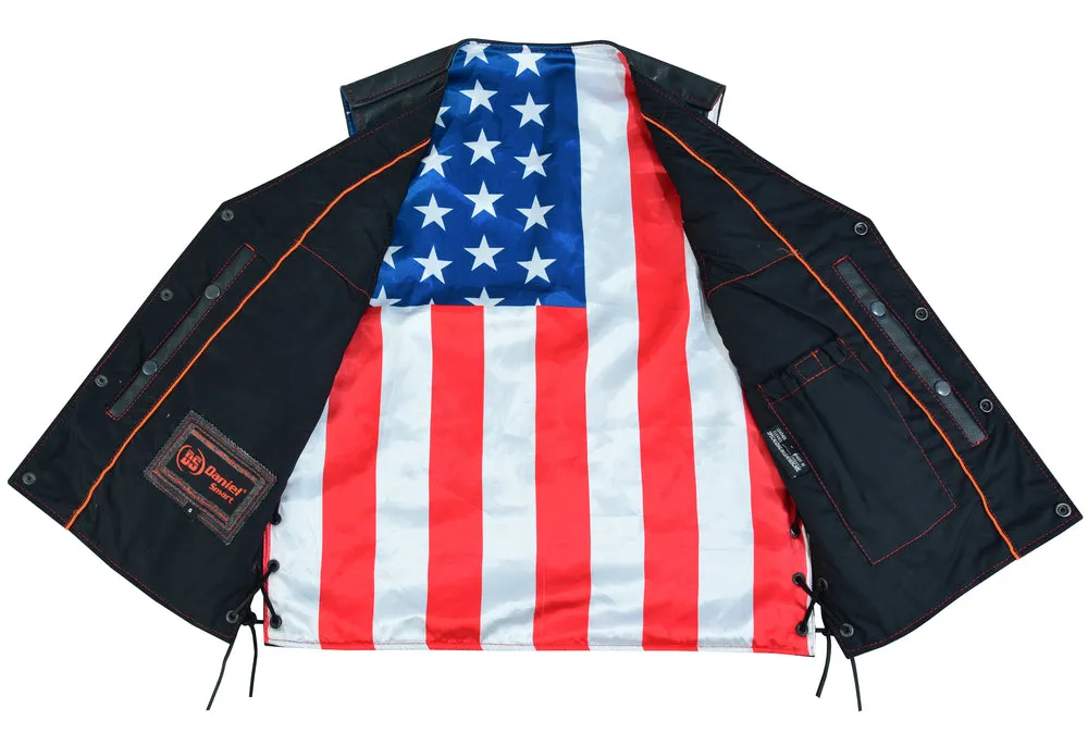 Men's Black Leather Honor Ride Vest with Red Stitching