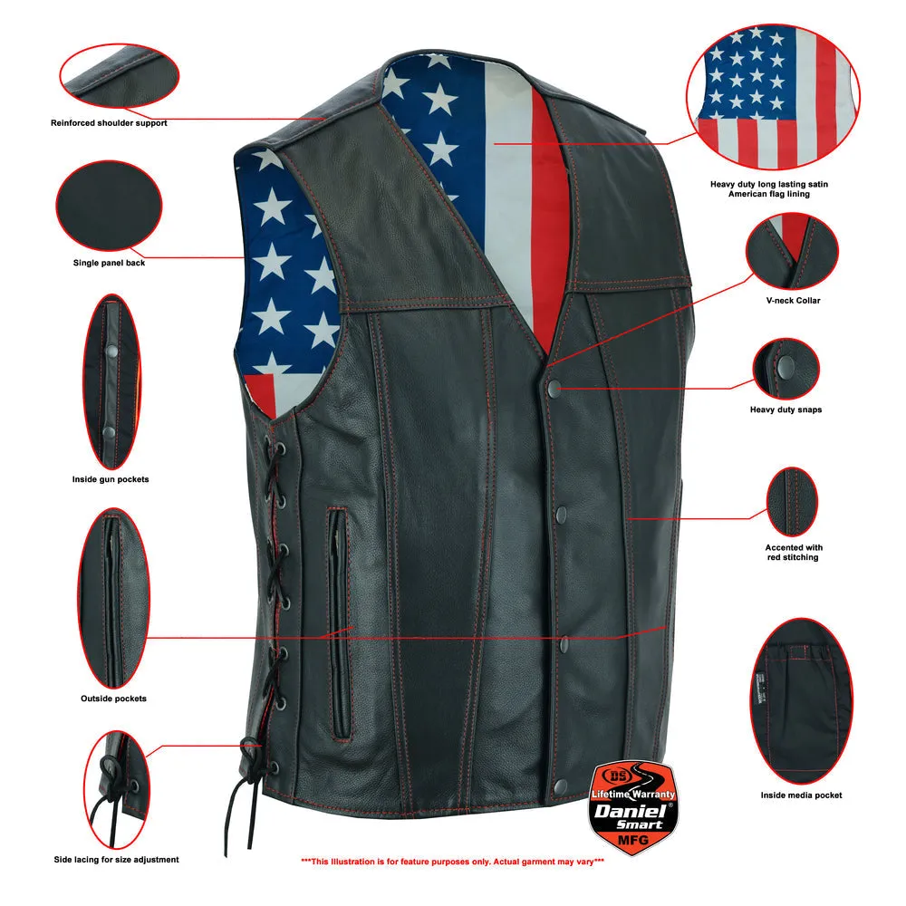 Men's Black Leather Honor Ride Vest with Red Stitching