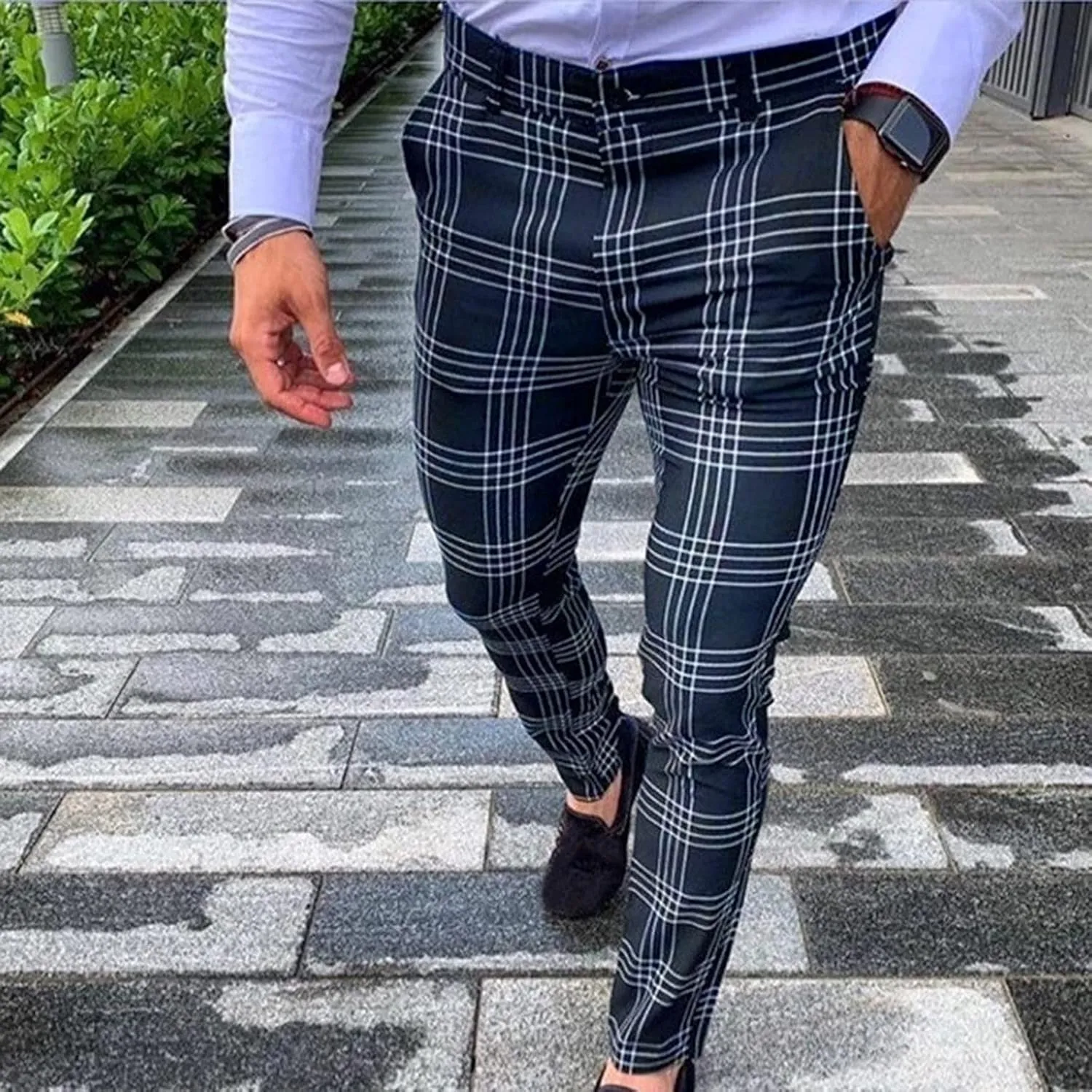 Men's Plaid Dress Pants Slim Fit Stretchy Flat Front Skinny Dress Pants Business Work Pants Casual Chinos with Pockets