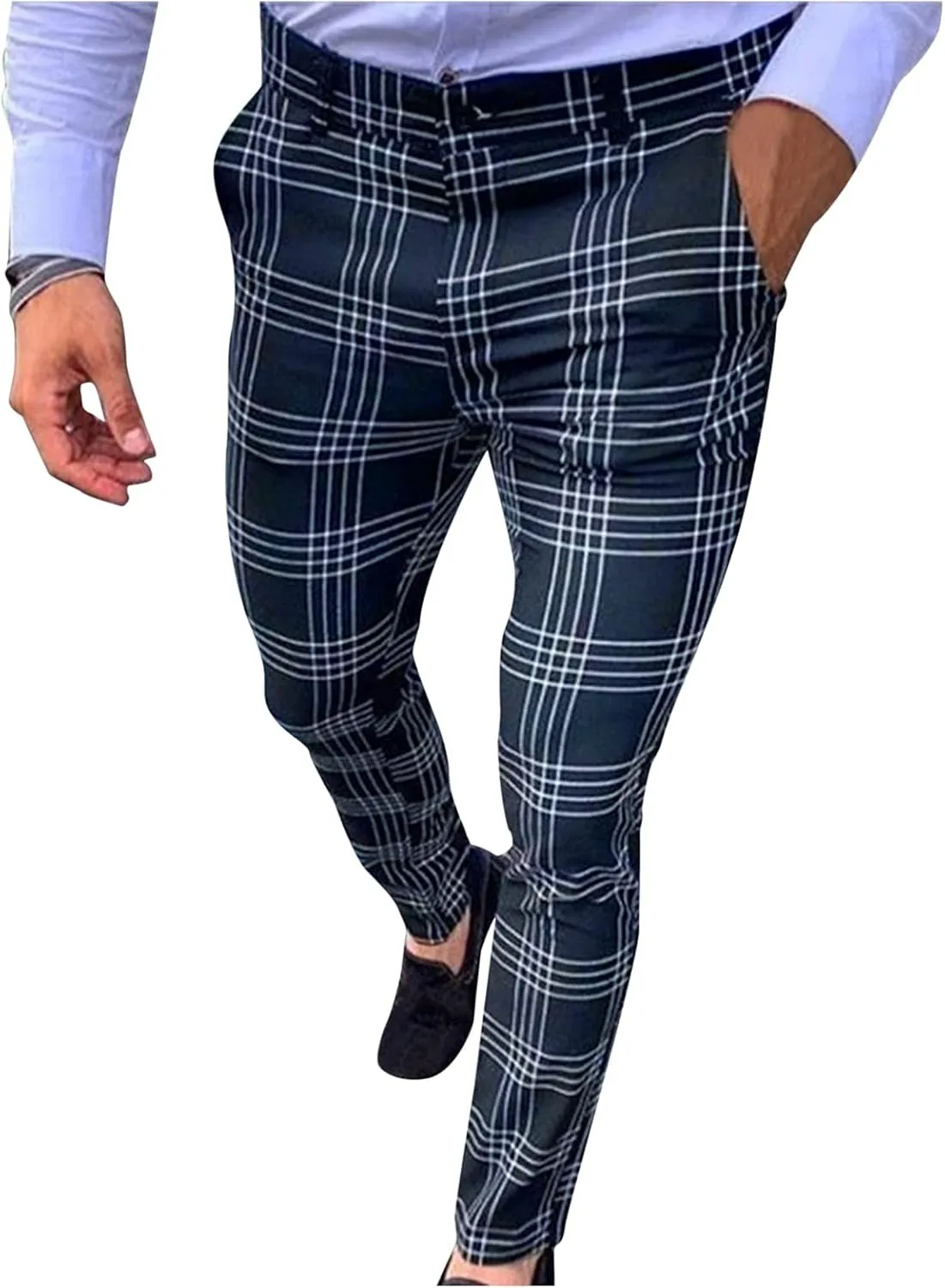 Men's Plaid Dress Pants Slim Fit Stretchy Flat Front Skinny Dress Pants Business Work Pants Casual Chinos with Pockets