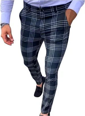 Men's Plaid Dress Pants Slim Fit Stretchy Flat Front Skinny Dress Pants Business Work Pants Casual Chinos with Pockets