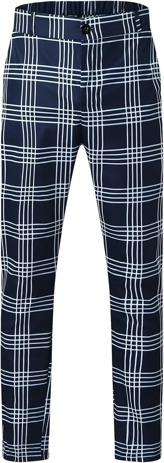 Men's Plaid Dress Pants Slim Fit Stretchy Flat Front Skinny Dress Pants Business Work Pants Casual Chinos with Pockets