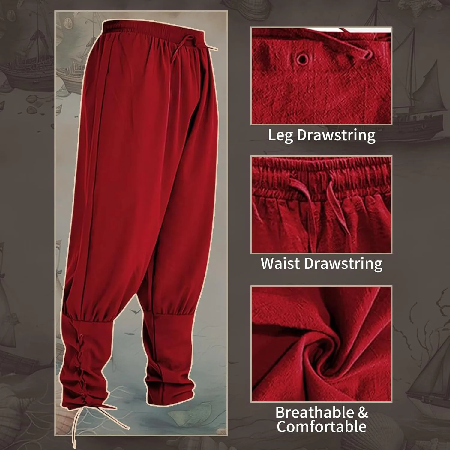 Mens Spring Summer Autumn Ankle Banded Pants Medieval Viking Navigator Trousers Renaissance Pants