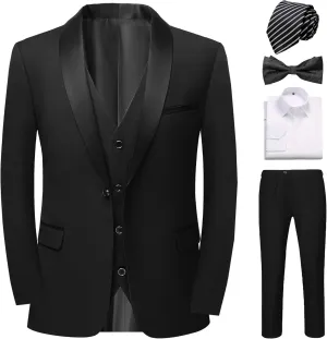 Mens Suit 3 Pieces Slim Fit Shawl Lapel Solid Tuxedo Blazer Vest Pants Shirt Bow Tie and Tie Prom Party Wedding Dinner